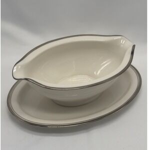 Noritake Countess 7223 Gravy Boat Attached Underplate Ivory China Platinum Trim